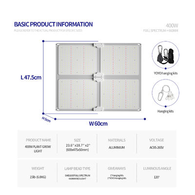 400W पावर आउटपुट फुल स्पेक्ट्रम एलईडी ग्रो लाइट इंडोर प्लांट ग्रोथ के लिए समायोज्य लटकन ऊंचाई के साथ