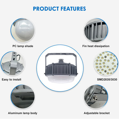 IP65 वाटरप्रूफ हाई बे लैंप 50W 100W 150W एलईडी एल्यूमीनियम + टेम्पर्ड ग्लास के साथ विस्फोट प्रूफ लाइट